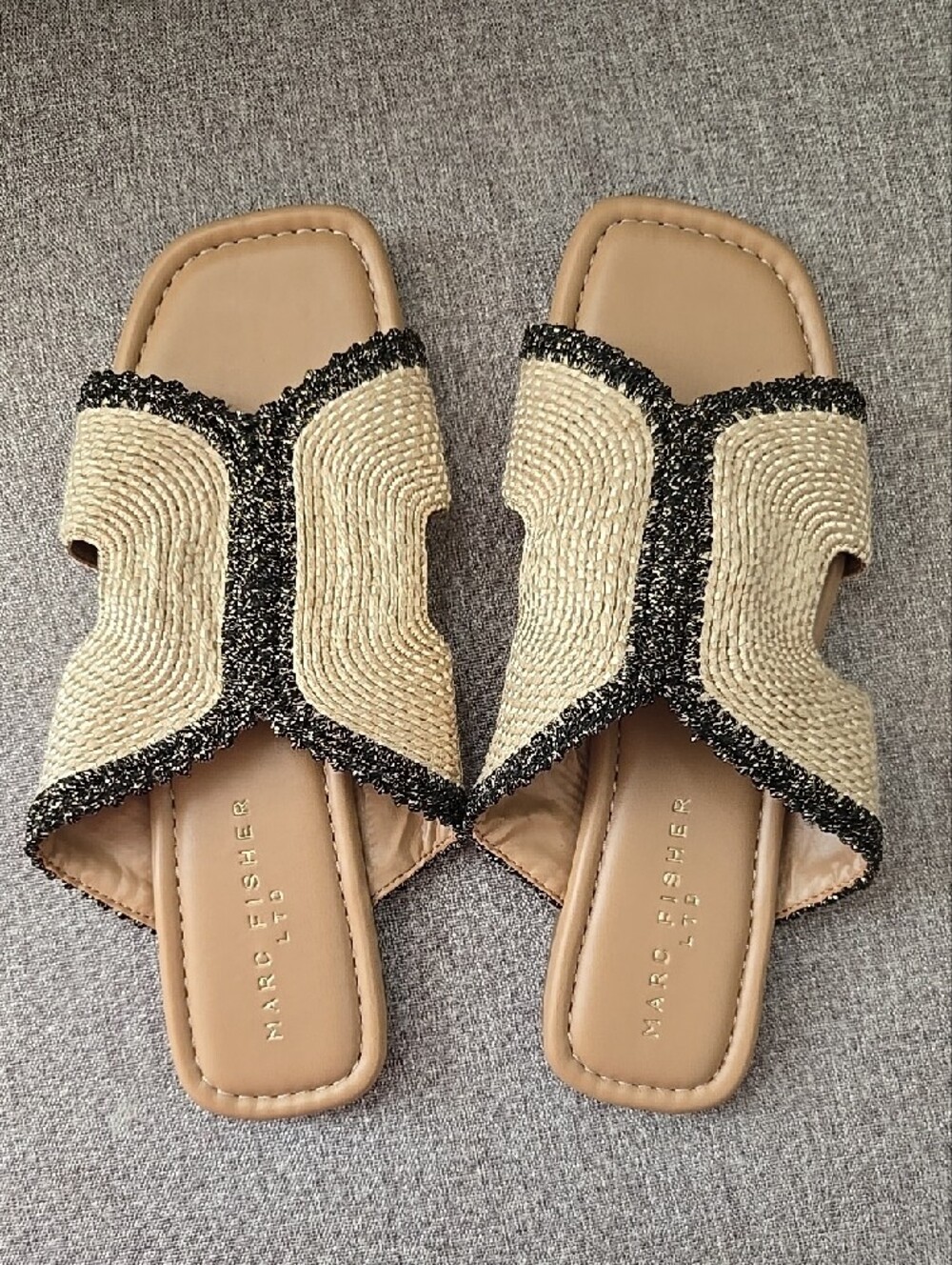 Marc Fisher Beige Woven Slide Sandals with Black Trim